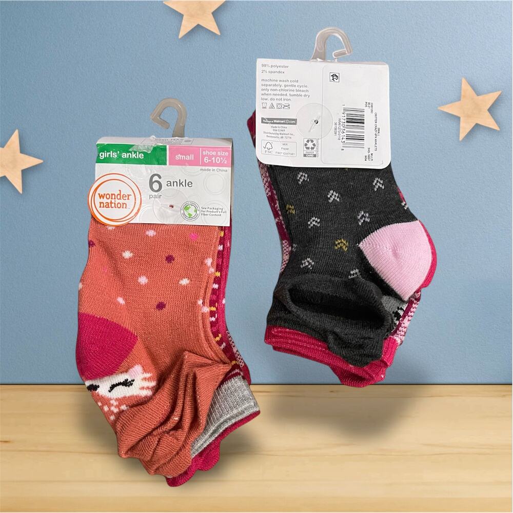 Wonder Nation Girls' Ankle Socks 12 Pair Pack Multicolor NWT Size Small